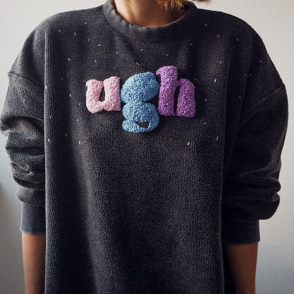 Hand Embroidered UGH Sweatshirt. Embroidered Pullover.
