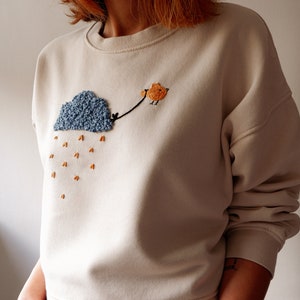 Hand Embroidered Sweatshirt. Bird Hand Embroidery. Organic Cotton Top