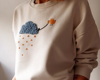 Hand Embroidered Sweatshirt. Bird Hand Embroidery. Organic Cotton Top