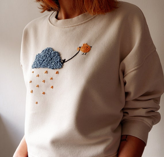 Hand Embroidered Sweatshirt. Bird Hand Embroidery. Organic Cotton Top -   Canada