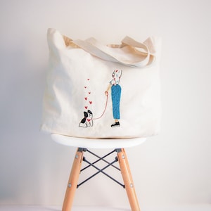 Sac fourre-tout brodé à la main. Sac à provisions Dog Mama. Sac Cavas Dog Lovers. Sac d’épicerie brodé. Sac durable.
