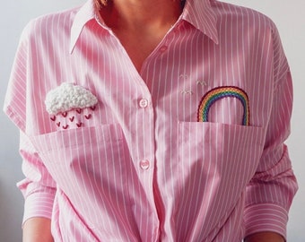 Hand embroidered Pink Oversized Shirt. No rain, No rainbow natural shirt. Pink Striped shirt.