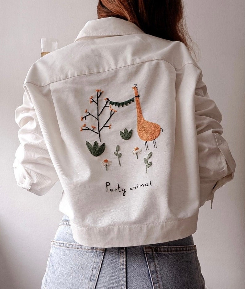 Hand Embroidered Cotton Shirt. Party Animal White Cropped Shirt Embroidery. Cotton Linen Womens Shirt image 1