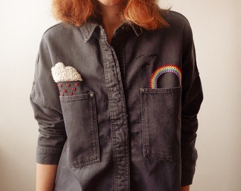 Hand Embroidered Denim Shirt. Dark Denim Overshirt. No Rain, No Rainbow Embroidered Denim.