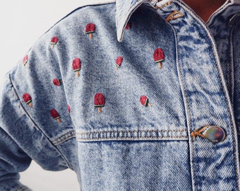 Cuteness Vibes Hand-Embroidered Denim Jacket | Watermelon Lollies Design | Customizable | Embroidered Denim Overshirt