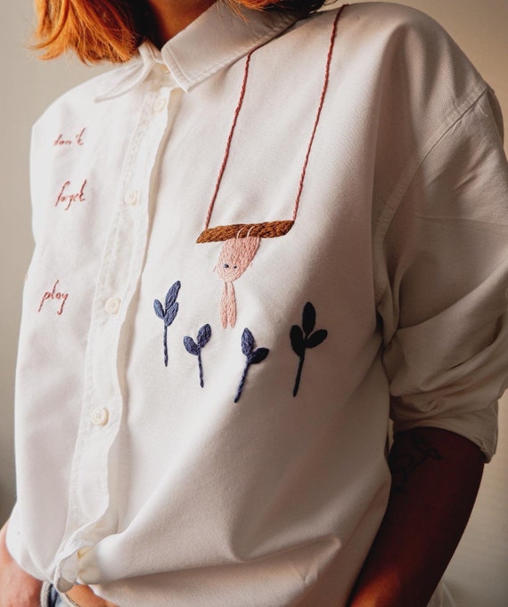 Hand Embroidered White Buttoned Cotton 