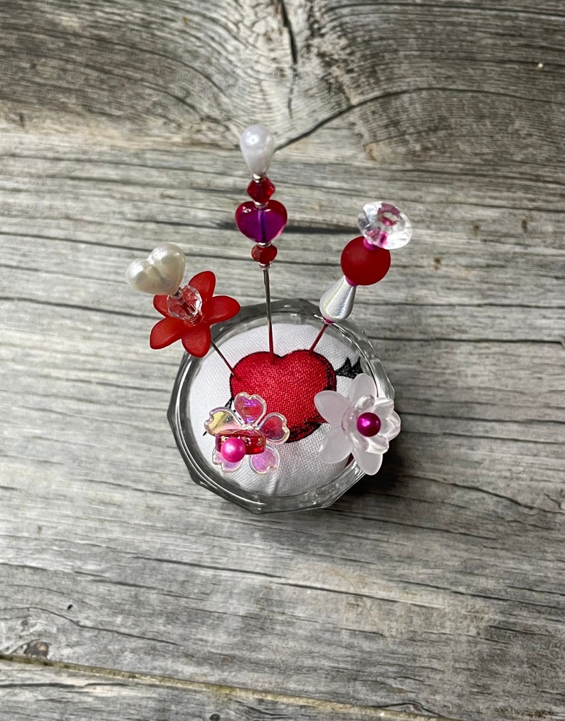 Heart Pincushion, Salt Cellar Pin Cushion, Sewing Room Decor, Heart Pins, Love Gifts for Her, Pin Cushion Handmade, Small Pincushion image 2
