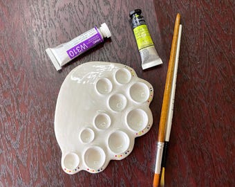 White Ceramic Watercolor Palette: Scalloped Artist Palette with 10 wells and a mixing area