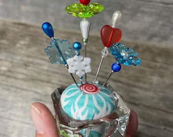 Salt Cellar Pincushion, Snowflake & Hearts  pincushion, Small Holiday Gift for Quilters and Crafters, Stocking Stuffer