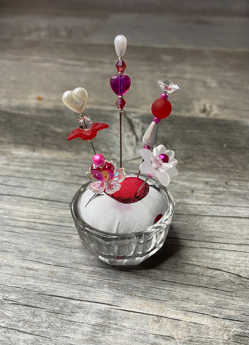 Heart Pincushion, Salt Cellar Pin Cushion, Sewing Room Decor, Heart Pins, Love Gifts for Her, Pin Cushion Handmade, Small Pincushion image 3