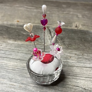 Heart Pincushion, Salt Cellar Pin Cushion, Sewing Room Decor, Heart Pins, Love Gifts for Her, Pin Cushion Handmade, Small Pincushion image 1
