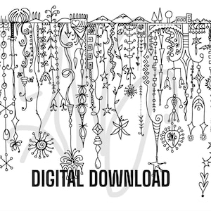 Może przedstawiać: Czarno-biała ilustracja dekoracyjnego wzoru z wiszącymi elementami. Grafika zawiera gwiazdy, serca i geometryczne kształty, z tekstem "DIGITAL DOWNLOAD" na dole obrazu.