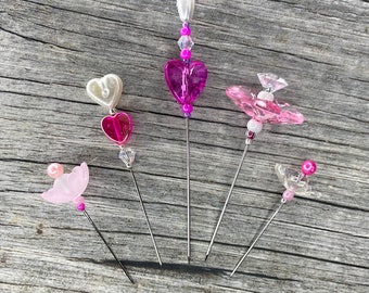 Decorative Heart Pins, Unique Gifts for Quilters, Fancy Beaded Straight Pins, Handmade Flower Pins, Fancy Sewing Pins for Pincushions