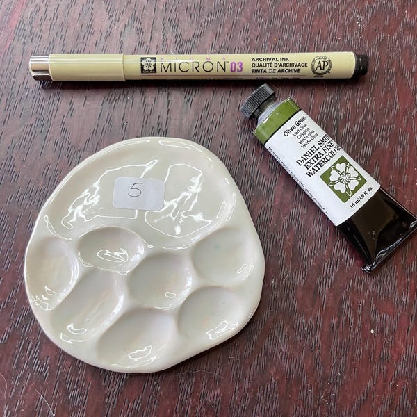 Tiny Handmade Ceramic Watercolor Palette: White Clay Artist Palette with 7 wells and one mixing areas