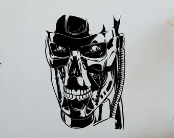 May include: Black and white silhouette of a robot skull with visible mechanical parts. The skull is depicted with a menacing expression, including a bared mouth with teeth.