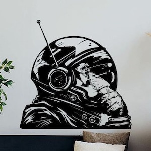 May include: Black and white illustration of an astronaut wearing a helmet with a large antenna. The astronaut is looking to the right and has a thoughtful expression.