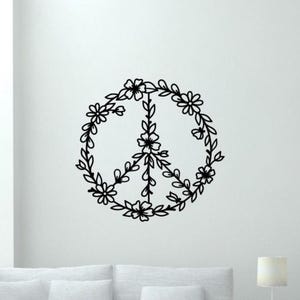 Peace Sign Wall Decal Vinyl Sticker Floral Peace Sign Symbol Hippie Wall Decor Poster Bedroom Wall Art Sign No Background Decal 3373