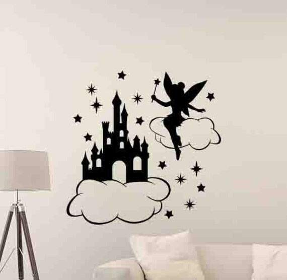 Tinkerbell Wall Decal Disney Castle In The Sky Stars Wall Art Walt Disney Decor Fairy Gift Nursery Poster Vinyl Sticker Playroom Print X984