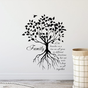 May include: Black and white silhouette of a tree with roots and branches. The text "Family" is written on the trunk of the tree. The text "Like branches on a tree we all grow in different directions but our roots keep us all together" is written to the right of the tree.