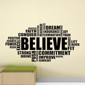 Gym Wall Decal Believe Motivational Fitness Quote Word Cloud Poster Focus Sign Vinyl Sticker Inspirational Decor Workout Wall Art Print 1096