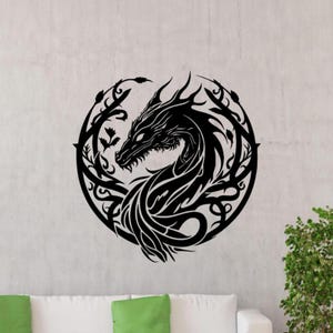 Dragon Wall Decal Vinyl Sticker Floral Dragon Wall Decor Bedroom Poster Living Room Wall Art Sign Mural No Background Decal 3357