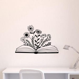 Floral libro pared calcomanía vinilo pegatina flores lectura pared decoración biblioteca signo cartel libros amante regalo pared arte mural sin fondo calcomanía 3344
