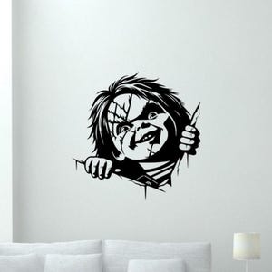 Chucky calcomanía de pared vinilo pegatina terror película de miedo decoración maníaco teatro cartel sala de juegos niños habitación arte de la pared signo sin fondo calcomanía 3394