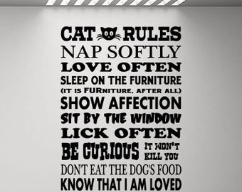 Cat Rules Sign Wall Decal Cat Wall Decal Cat Rescue Poster Cat Lady Gifts Quote Vinyl Sticker Vet Office Decor Cat Lover Wall Art Print r980