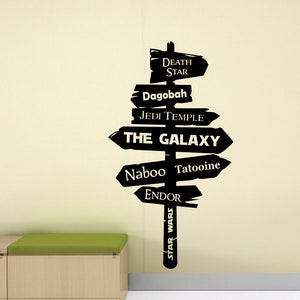 May include: Black and white silhouette of a wooden signpost with multiple directional arrows pointing to different locations in the Star Wars universe. The signpost reads "Star Wars", "Death Star", "Dagobah", "Jedi Temple", "The Galaxy", "Naboo", "Tatooine", and "Endor".