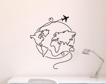 Around The World Wall Decal Vinyl Sticker Adventure Sign World Map Airplane Travel Decor Poster Wall Art Sign No Background Decal 3337