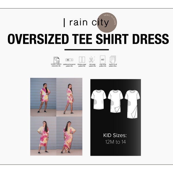 Trendy Oversized Tee Shirt Dress PDF Sewing Pattern, 12M to Child 14, Oversized Dress, Mini Dress, Midi Dress, Maxi Dress, Projector File