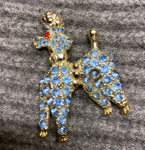 Vintage Fifties Blue Rhinestone Poodle Dog Pin Bro