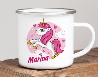 Emailletasse Einhorn mit Name personalisiert | individuelles Geschenk Kinder Geburtstag Ostern Weihnachten Trinkbecher Name Namenstasse pink