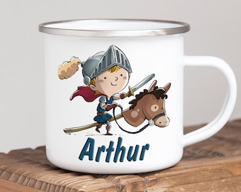 Emailletasse Ritter mit Name personalisiert | individuelles Geschenk Kinder Schulanfang Geburtstag Ostern Weihnachten Campingbecher Kind