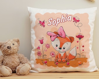 Kissen mit Name, Fuchs Mädchen, personalisiertes geschenk Kinder rosa, orange Kuschelkissen, Geschenk Geburt Taufe Geburtstag Namenskissen