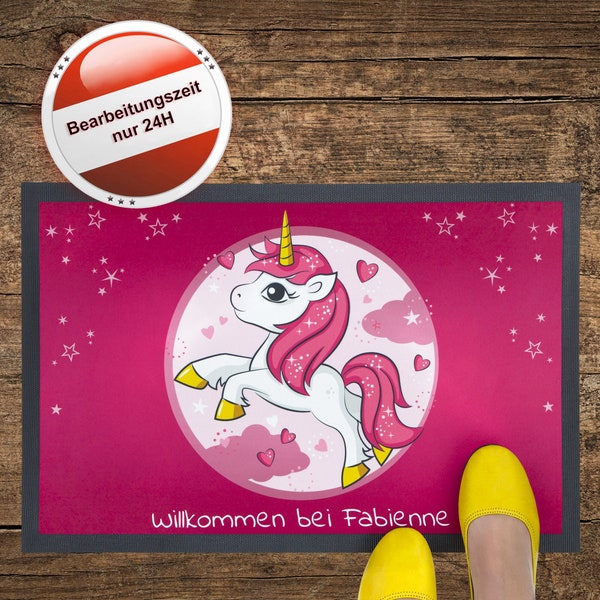 Fußmatte Einhorn mit Name, pink, Teppich, Kinderzimmer, Spielteppich, Geschenk Mädchen, Mädchenzimmer