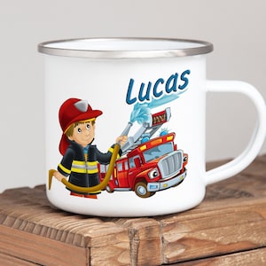 Tasse en émail pompiers personnalisée avec nom | Cadeau individuel pour enfants, Pâques, anniversaire, rentrée scolaire, petit objet, cartable