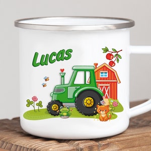 Emailletasse Traktor mit Name personalisiert | Tasse Namenstasse individuelles Geschenk Kinder Ostern Geburtstag Trinkbecher Kleinigkeit