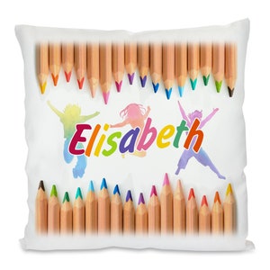 Oreiller avec nom personnalisé pour la rentrée scolaire, crayons de couleur, cadeau individuel garçon, fille, école d'oreillers nominatifs, écolier coloré
