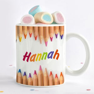 Tasse nominative pour la rentrée scolaire, tasse avec nom, cône scolaire, cadeau, crayons de couleur