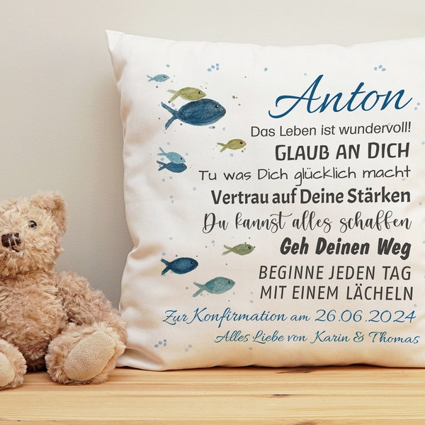 Kissen mit Name Geschenk Konfirmation BLAU | Kommunion | Taufe | Jugendweihe personalisiert Spruch Wünsche Fische individuell Geschenkidee