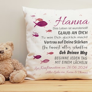 Kissen mit Name Geschenk Konfirmation PINK | Kommunion | Taufe | Jugendweihe personalisiert Spruch Wünsche Fische individuell Geschenkidee