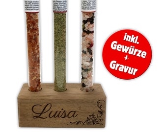 Gewürze im Reagenzglas, Holz mit Name graviert, Muttertagsgeschenk, Hochzeitsgeschenk, Küchendeko, personalisiertes Geschenk