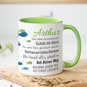 Tasse mit Name Geschenk Konfirmation GRÜN Kommunion Taufe Jugendweihe personalisiert Spruch Wünsche Fische individuell Geschenkidee Bild 1