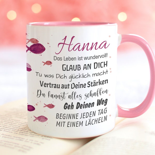 Tasse mit Name Geschenk Konfirmation PINK | Kommunion | Taufe | Jugendweihe personalisiert Spruch Wünsche Fische individuell Geschenkidee