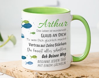 Tasse mit Name Geschenk Konfirmation GRÜN | Kommunion | Taufe | Jugendweihe personalisiert Spruch Wünsche Fische individuell Geschenkidee