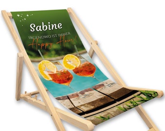 Liegestuhl mit Name bedruckt | Happy Hour | Drink Cocktail Aperitif Geschenk für Frauen, Strandstuhl Gartendeko Sommerdeko Mädelsabend JGA