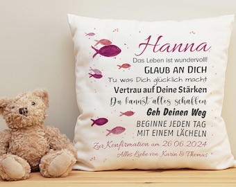 Kissen mit Name Geschenk Konfirmation PINK | Kommunion | Taufe | Jugendweihe personalisiert Spruch Wünsche Fische individuell Geschenkidee