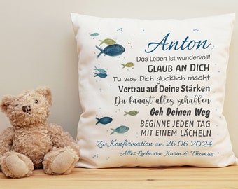 Kissen mit Name Geschenk Konfirmation BLAU | Kommunion | Taufe | Jugendweihe personalisiert Spruch Wünsche Fische individuell Geschenkidee