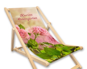 May include: A wooden folding chair with a pink floral print and the text "Karins Rosengarten".